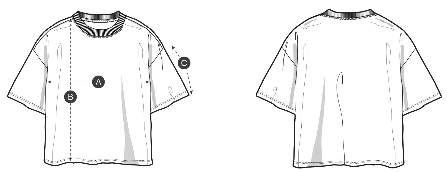Esquema de la camiseta Crop con las referencias A para pecho, B para largo y C para manga